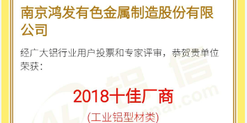 恭喜鴻發(fā)有色榮獲2018鋁行業(yè)十佳廠商！